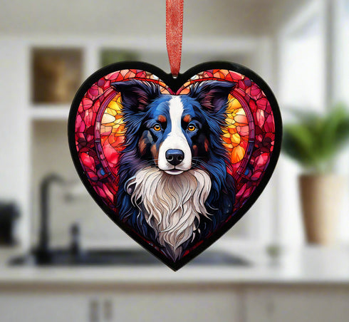 Border Collie Stained Glass Effect Heart Suncatcher